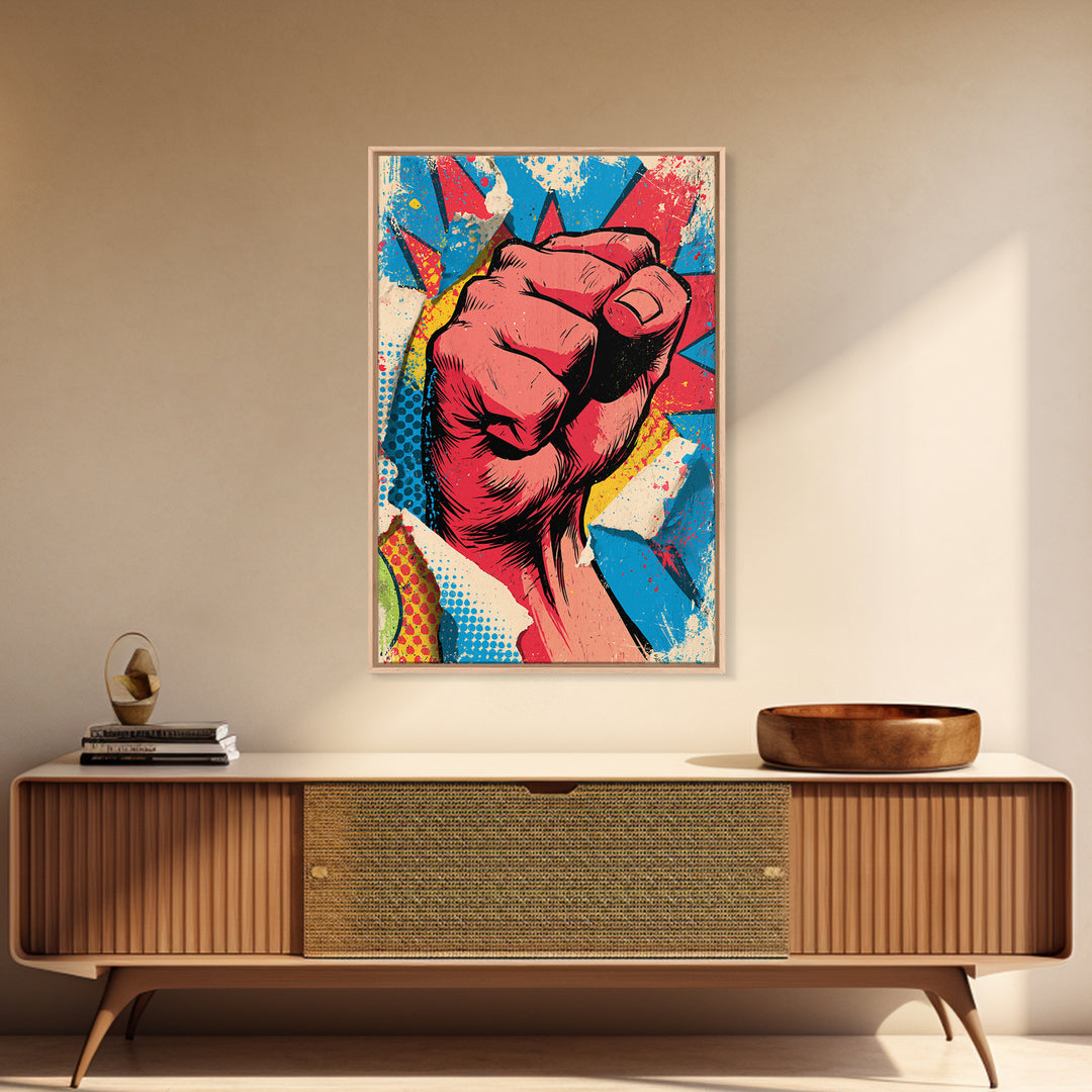 Comic Fist Breaking Through Color Framed Canvas Print, Street Art, Wall Hangings, Living Room Decor, Oil Painting, Urban, STR-2x3-21