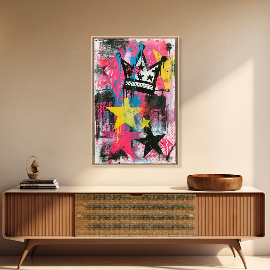 Drippy Crown and Stars Composition Framed Canvas Print, Street Art, Canvas Painting, Living Room Decor, Fine Art, Urban, STR-2x3-28