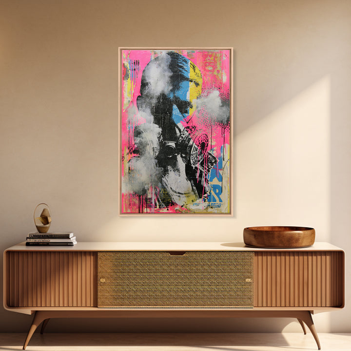 Masked Figure Surrounded by Aerosol Clouds Framed Canvas Print, Street Art, Luxury Decor, Living Room Decor, Fine Art, Urban, STR-2x3-44