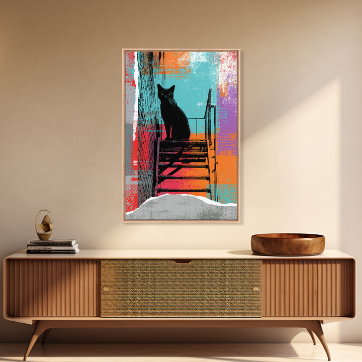 Black Cat on Fire Escape Silhouette Framed Canvas Print, Street Art, Wall Hangings, Living Room Decor, Oil Painting, Urban, STR-2x3-51