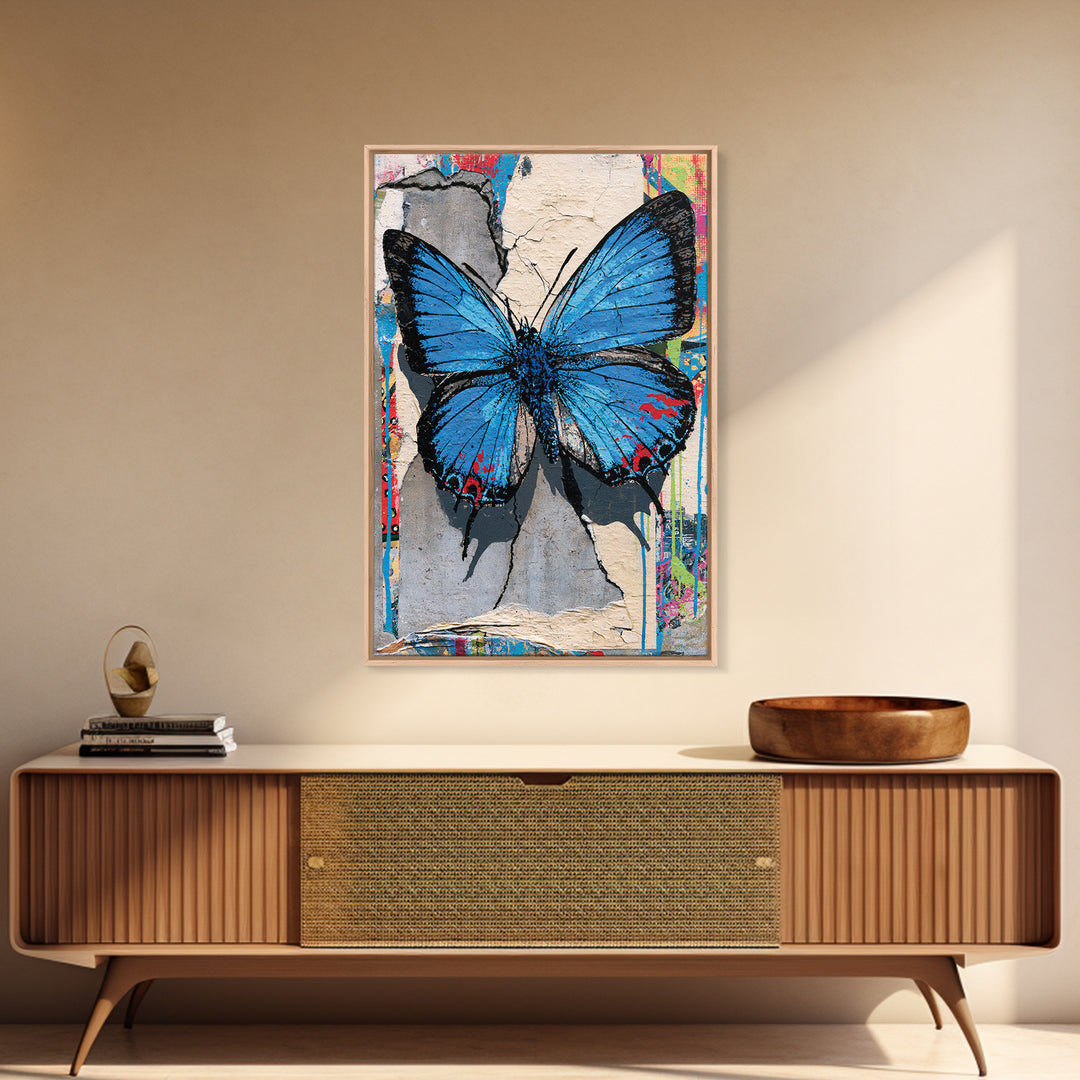 Spray Painted Butterfly on Cracked Concrete Framed Canvas Print, Street Art, Canvas, Living Room Decor, Fine Art, Urban, STR-2x3-55
