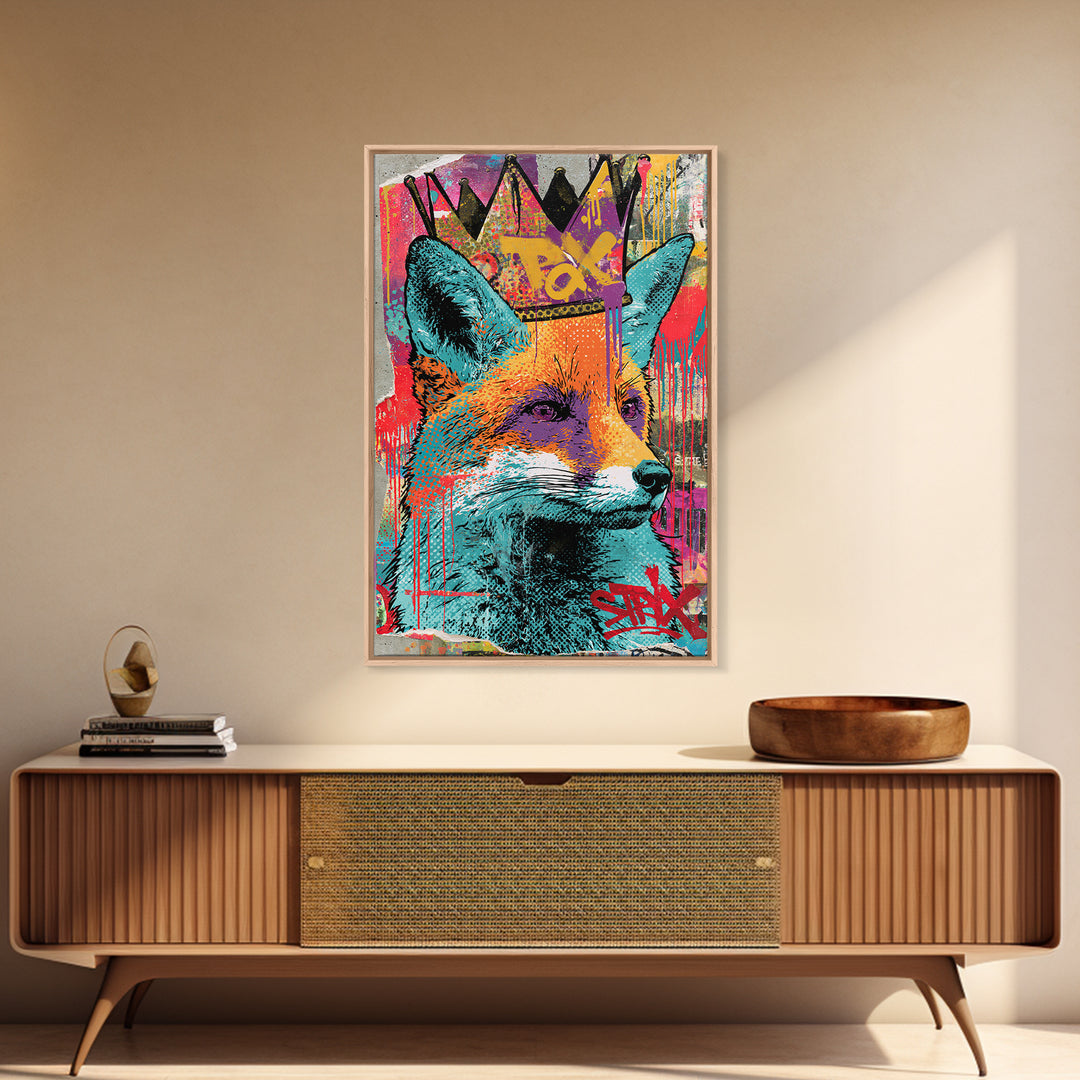 Urban Fox Wearing a Crown of Spray Canvas Print, Street Art, Artwork, Living Room Decor, Urban, Pop Art, Banksy Wall Art, STR-2x3-58