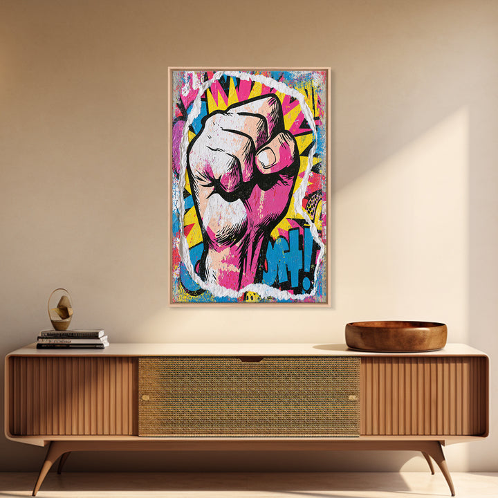 Comic Fist Breaking Through Color Framed Canvas Print, Street Art, Abstract Painting, Living Room Decor, Fine Art, Urban, STR-2x3-69