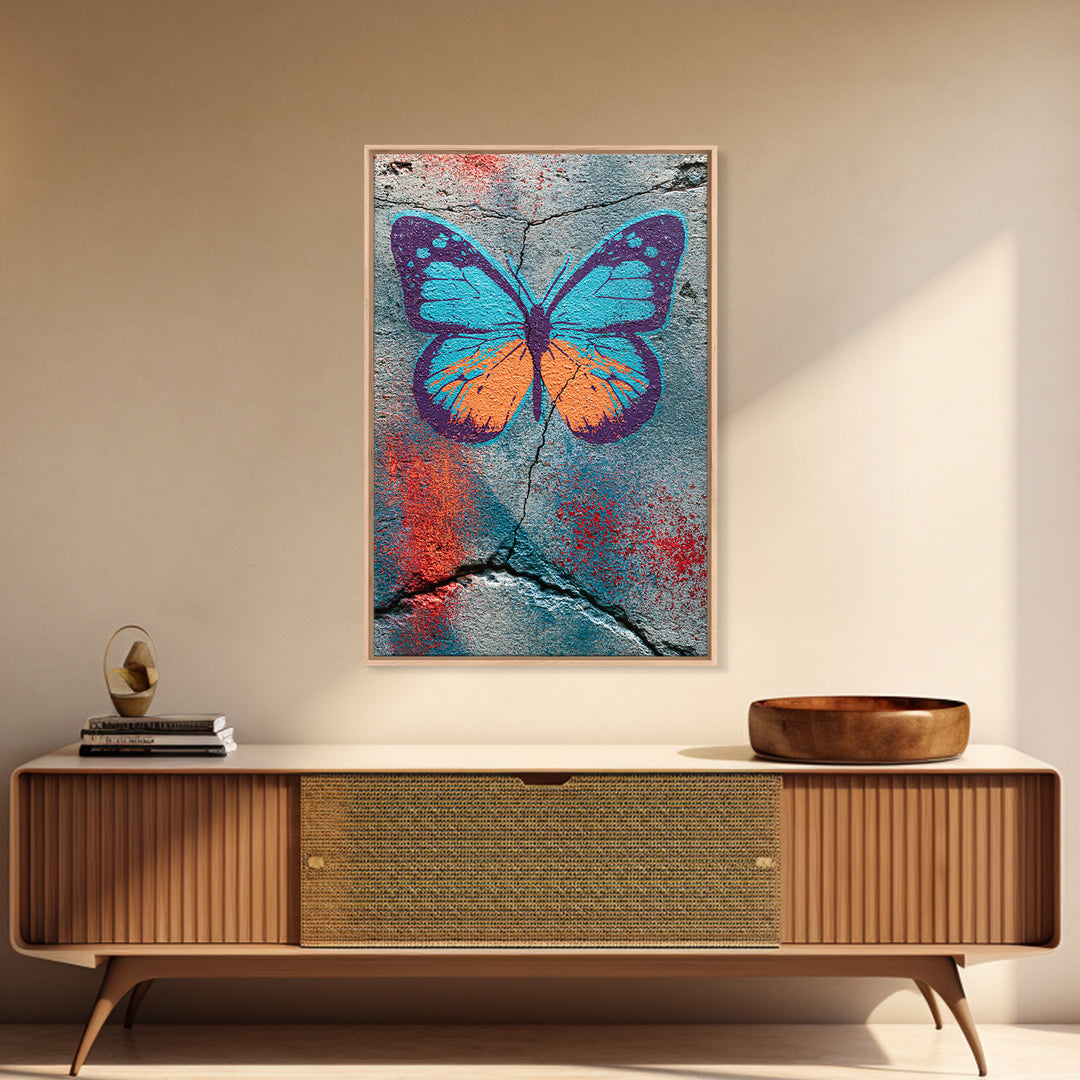 Spray Painted Butterfly on Cracked Concrete Canvas Print, Street Art, Abstract Art, Living Room Decor, Fine Art, Urban, STR-2x3-79