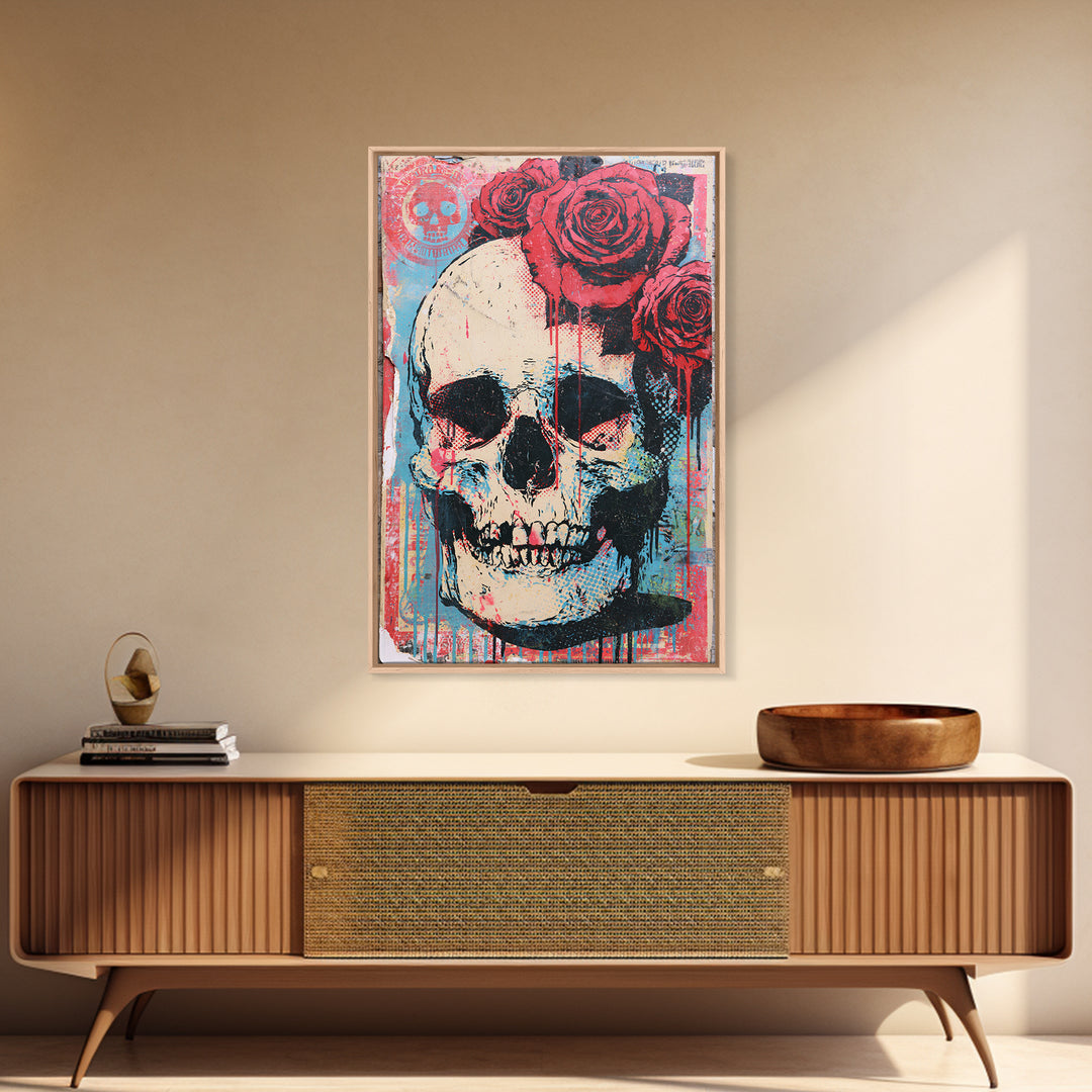 Skull with Roses in Street Mural Style Canvas Print, Street Art, Abstract Painting, Living Room Decor, Fine Art, Urban, STR-2x3-96