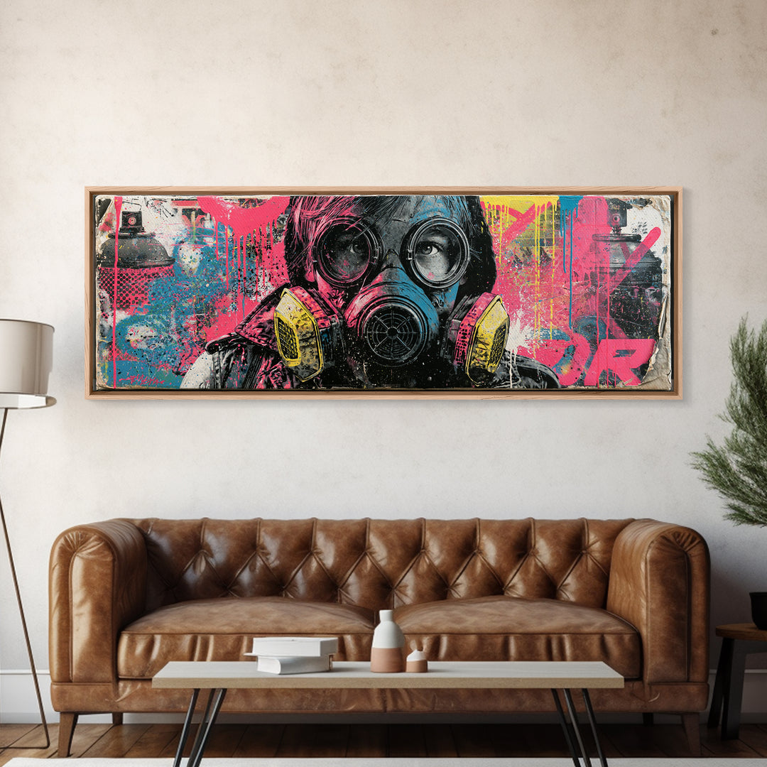 Masked Figure Surrounded by Aerosol Clouds Canvas Print, Street Art, Textured Painting, Living Room Decor, Fine Art, Urban, STR-3x1-100