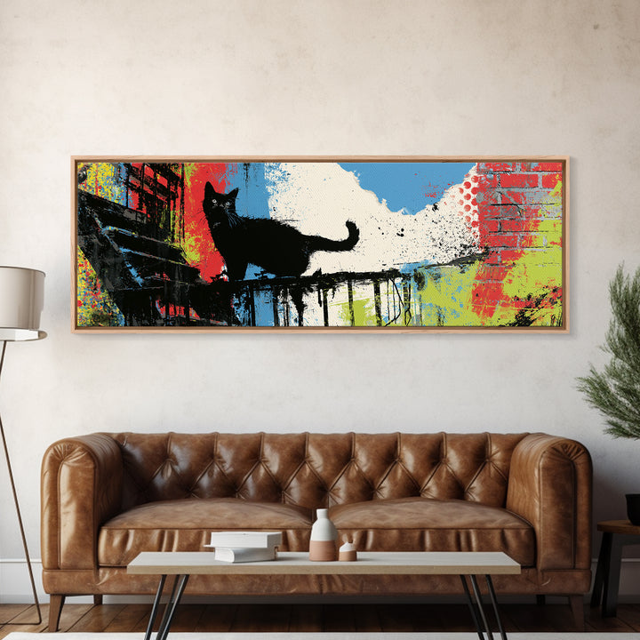 Black Cat on Fire Escape Silhouette Canvas Print, Street Art, Graffiti Art, Living Room Decor, Watercolor Art, Urban, STR-3x1-11