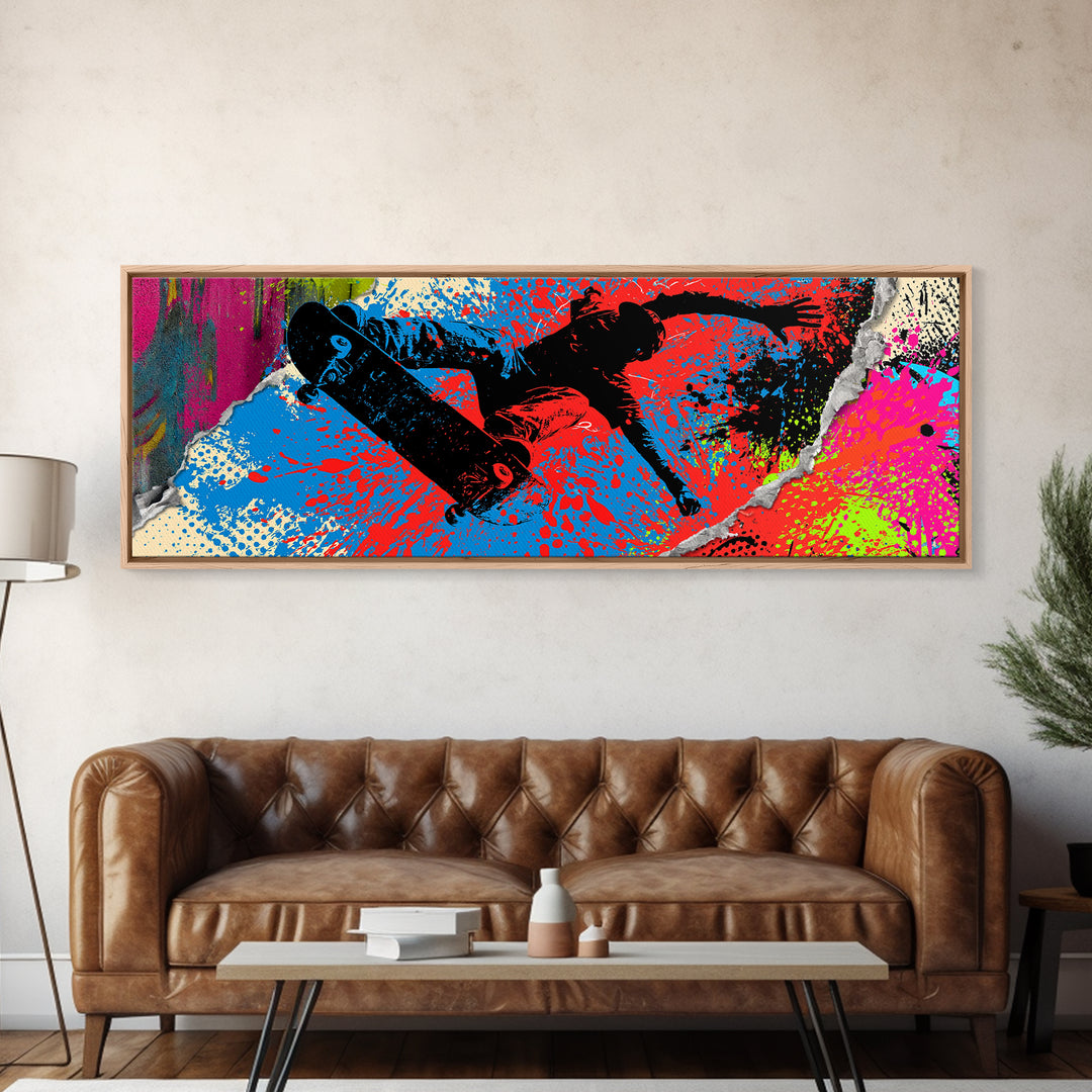 Skateboarder Silhouette over Neon Splashes Canvas Print, Street Art, Custom Portrait, Living Room Decor, Fine Art, Urban, STR-3x1-43