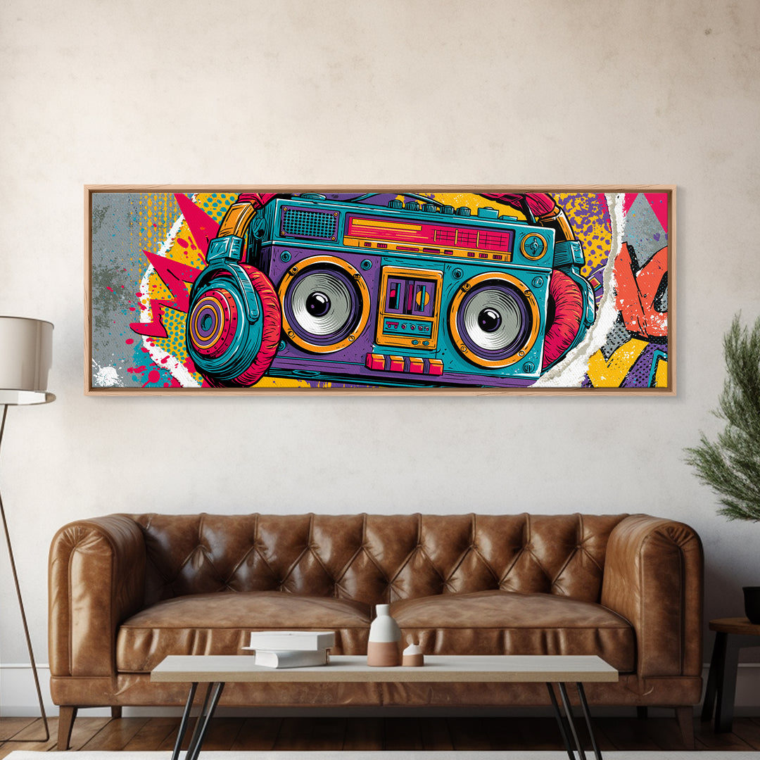 Boombox and Headphones Framed Canvas Print, Street Art, Neutral Decor, Living Room Decor, Fine Art, Urban, Home Decor, STR-3x1-73