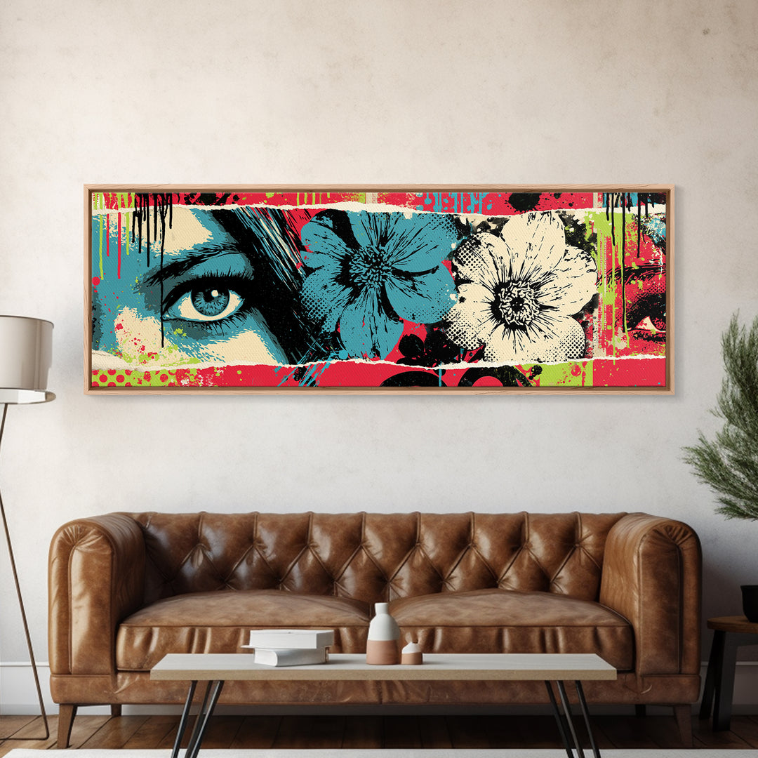 Paste Up Collage of Flowers and Eyes Framed Canvas Print, Street Art, Bar Art, Living Room Decor, Urban, Fine Art Print, STR-3x1-74