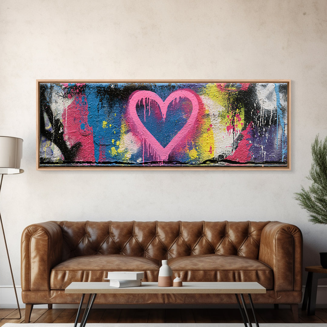 Neon Heart with Rough Drips Canvas Print, Street Art, Abstract Art, Living Room Decor, Urban, Anime Art, Original Artwork, STR-3x1-75