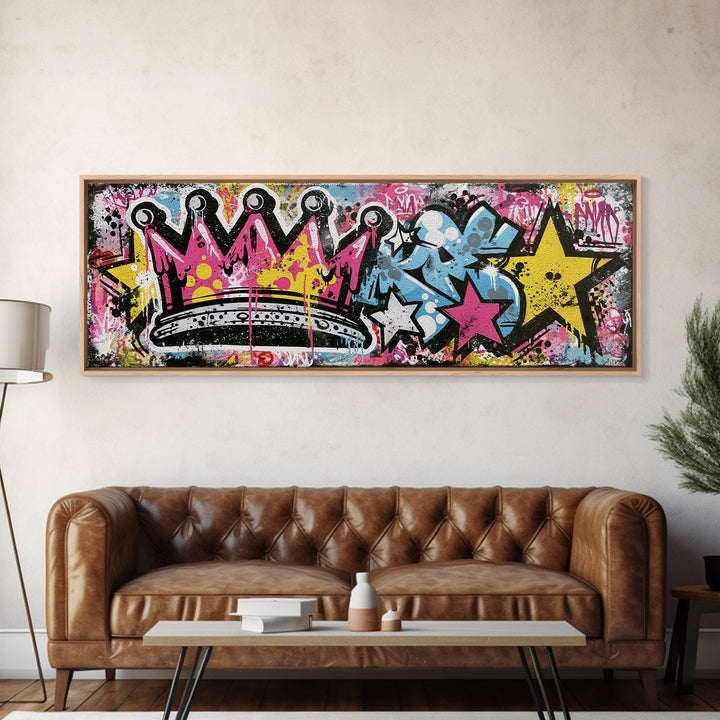 Drippy Crown and Stars Composition Framed Canvas Print, Street Art, Painting, Living Room Decor, Urban, Abstract Painting, STR-3x1-84
