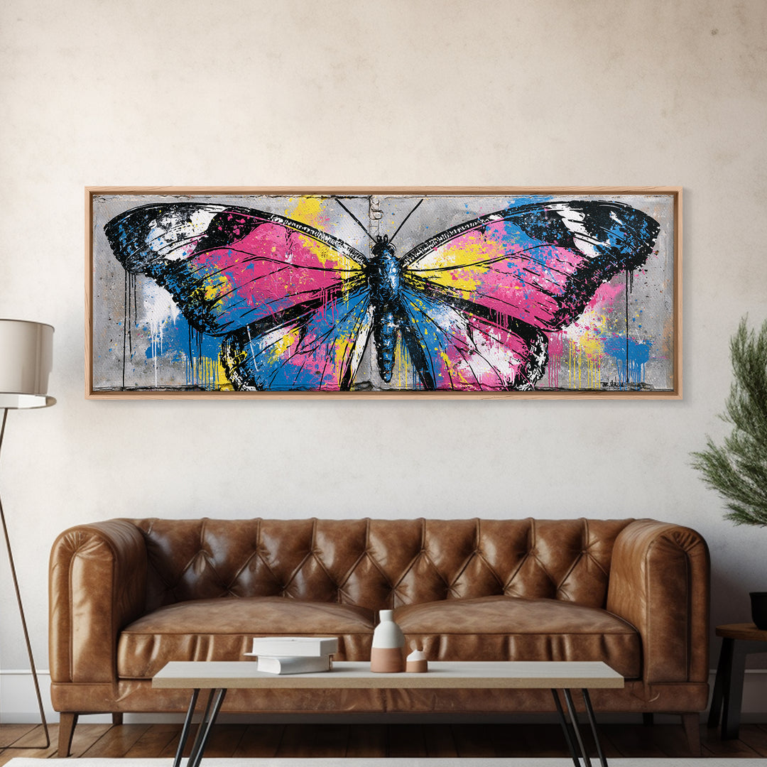 Spray Painted Butterfly on Cracked Concrete Framed Canvas Print, Street Art, Artwork, Living Room Decor, Fine Art, Urban, STR-3x1-87