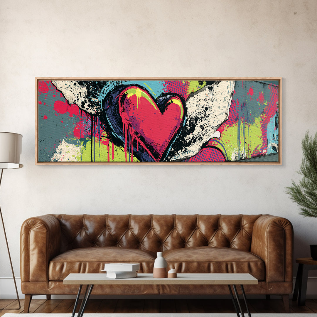 Neon Heart with Rough Drips Framed Canvas Print, Street Art, Canvas, Living Room Decor, Fine Art, Urban, Colorful Wall Art, STR-3x1-99