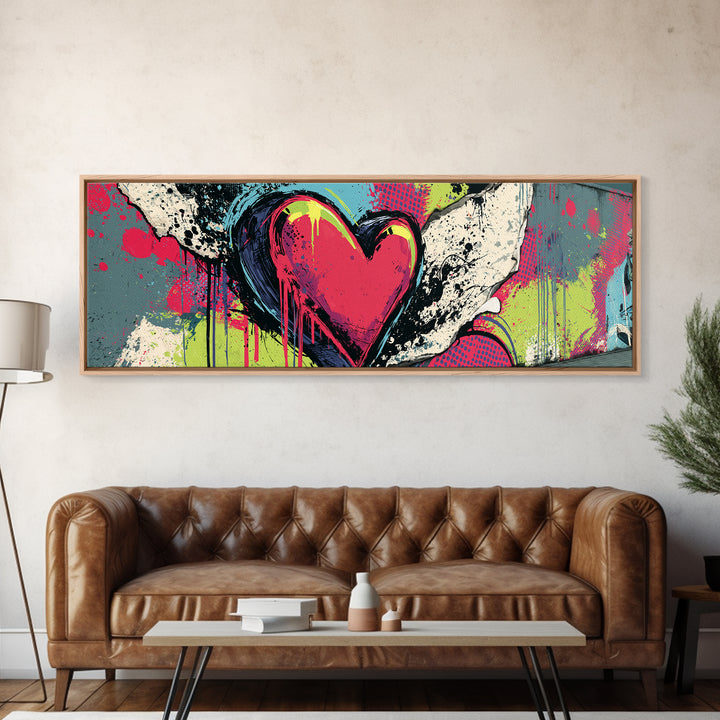 Neon Heart with Rough Drips Framed Canvas Print, Street Art, Canvas, Living Room Decor, Fine Art, Urban, Colorful Wall Art, STR-3x1-99