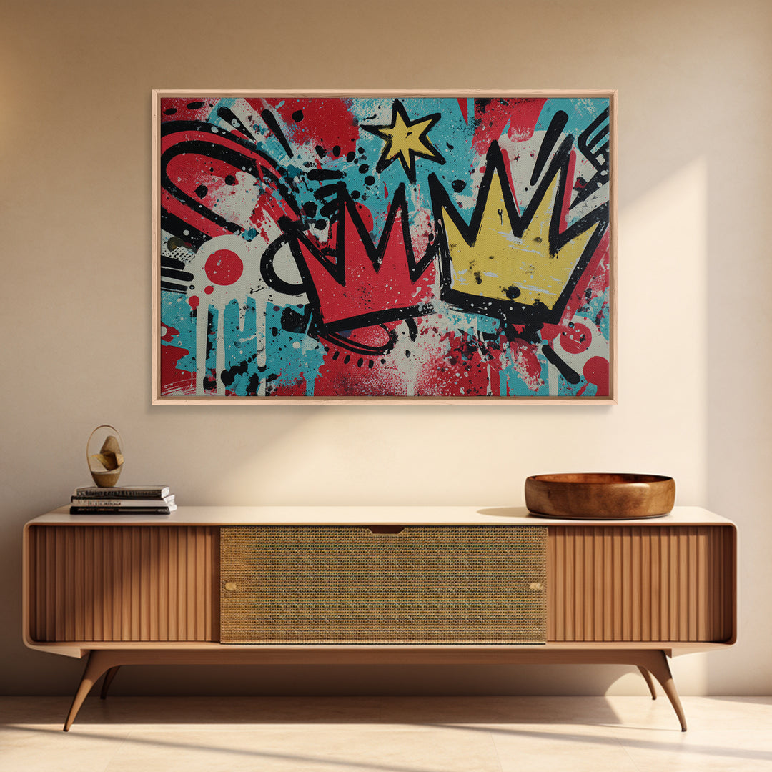 Drippy Crown and Stars Composition Framed Canvas Print, Street Art, Abstract, Living Room Decor, Fine Art, Urban, Luxury Decor, STR-3x2-24