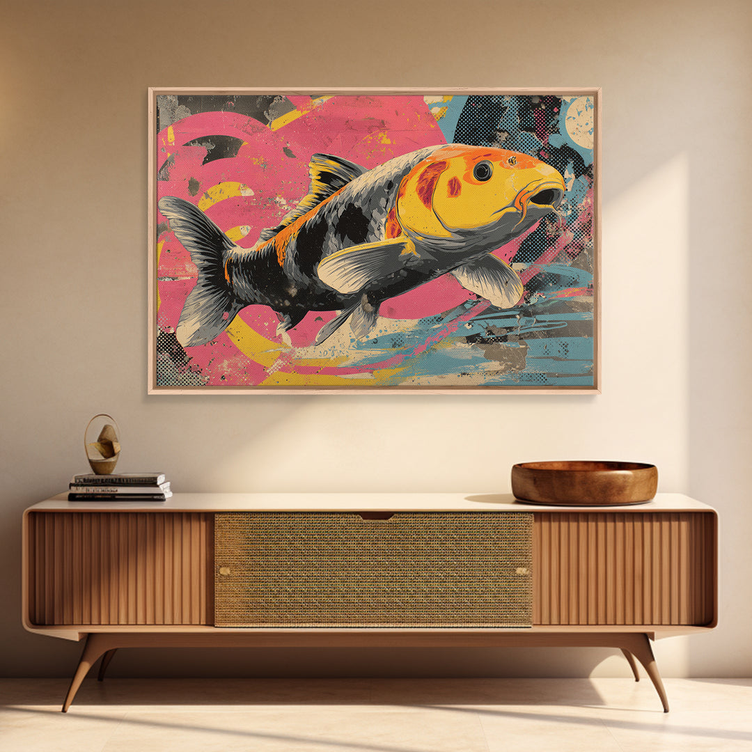 Graffiti Koi Swimming Through Color Swirls Framed Canvas Print, Street Art, Anime Art, Living Room Decor, Abstract Art, Urban, STR-3x2-25