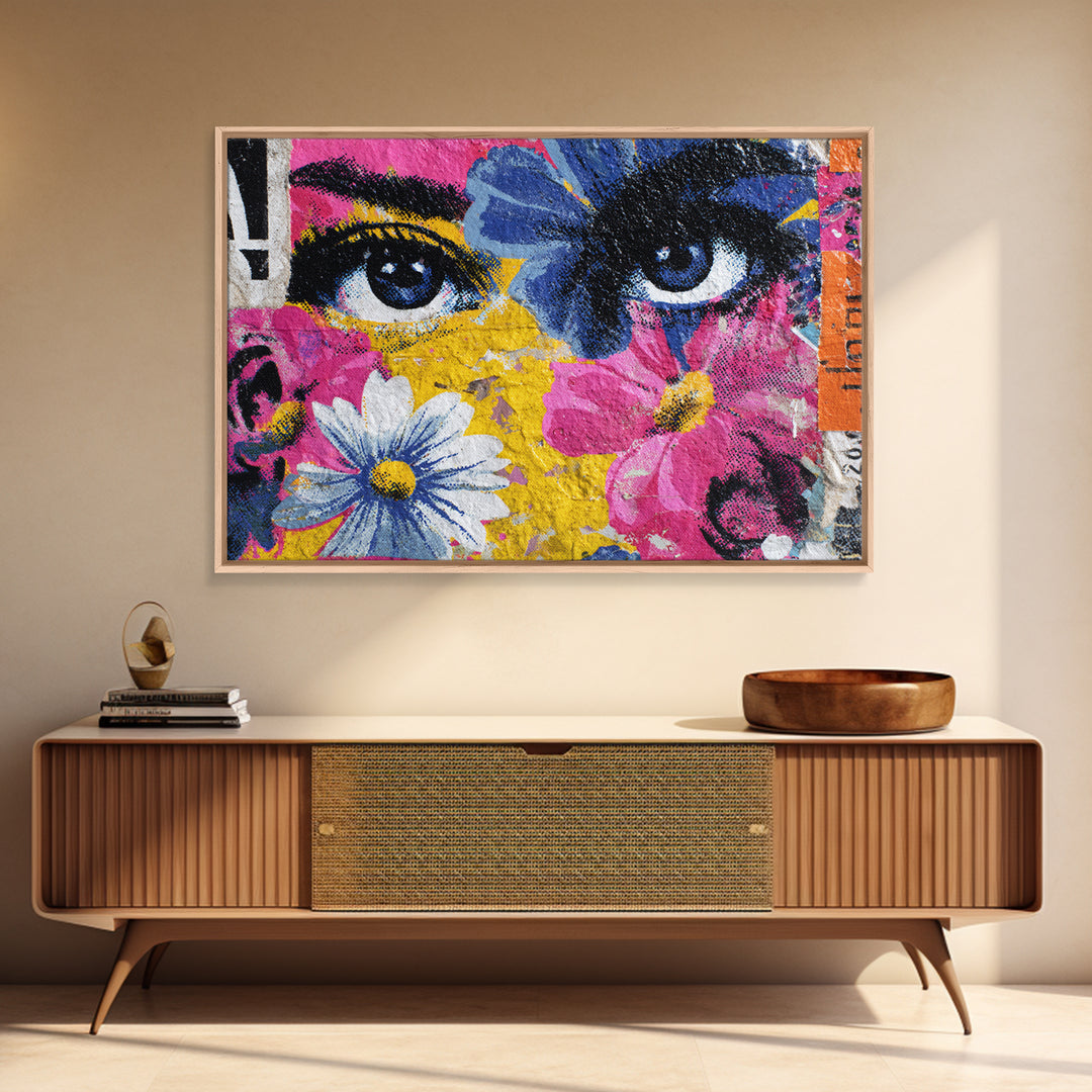 Paste Up Collage of Flowers and Eyes Canvas Print, Street Art, Abstract Painting, Living Room Decor, Watercolor Art, Urban, STR-3x2-38