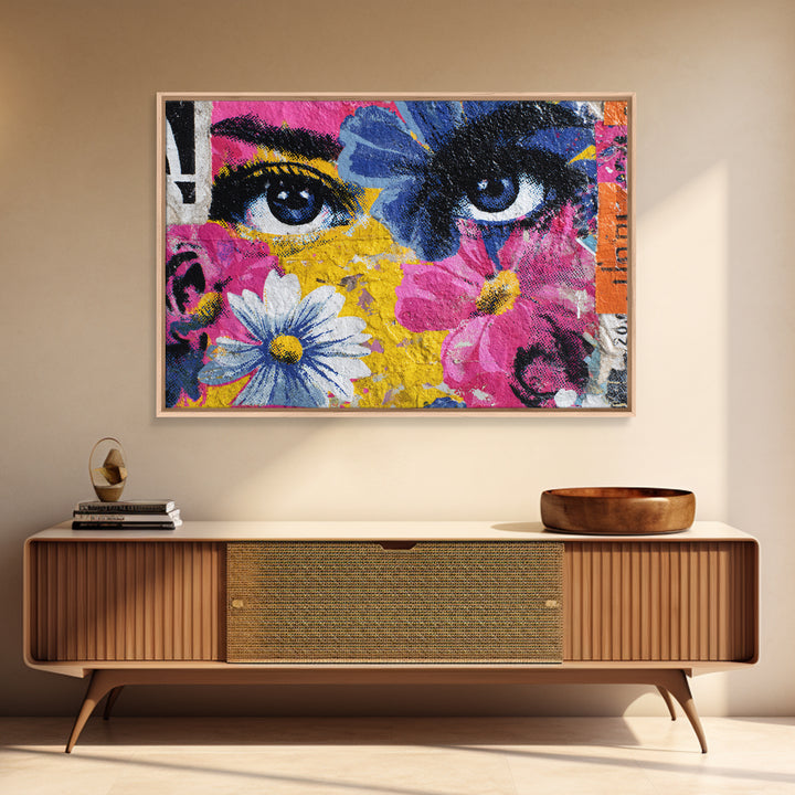 Paste Up Collage of Flowers and Eyes Canvas Print, Street Art, Abstract Painting, Living Room Decor, Watercolor Art, Urban, STR-3x2-38