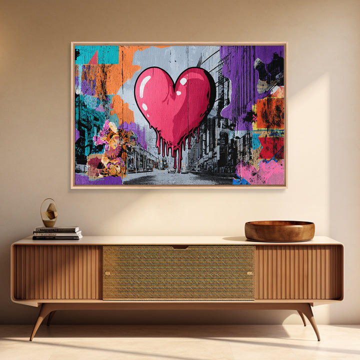 Neon Heart with Rough Drips Framed Canvas Print, Street Art, Minimalist Decor, Living Room Decor, Fine Art, Urban, Original Art, STR-3x2-39