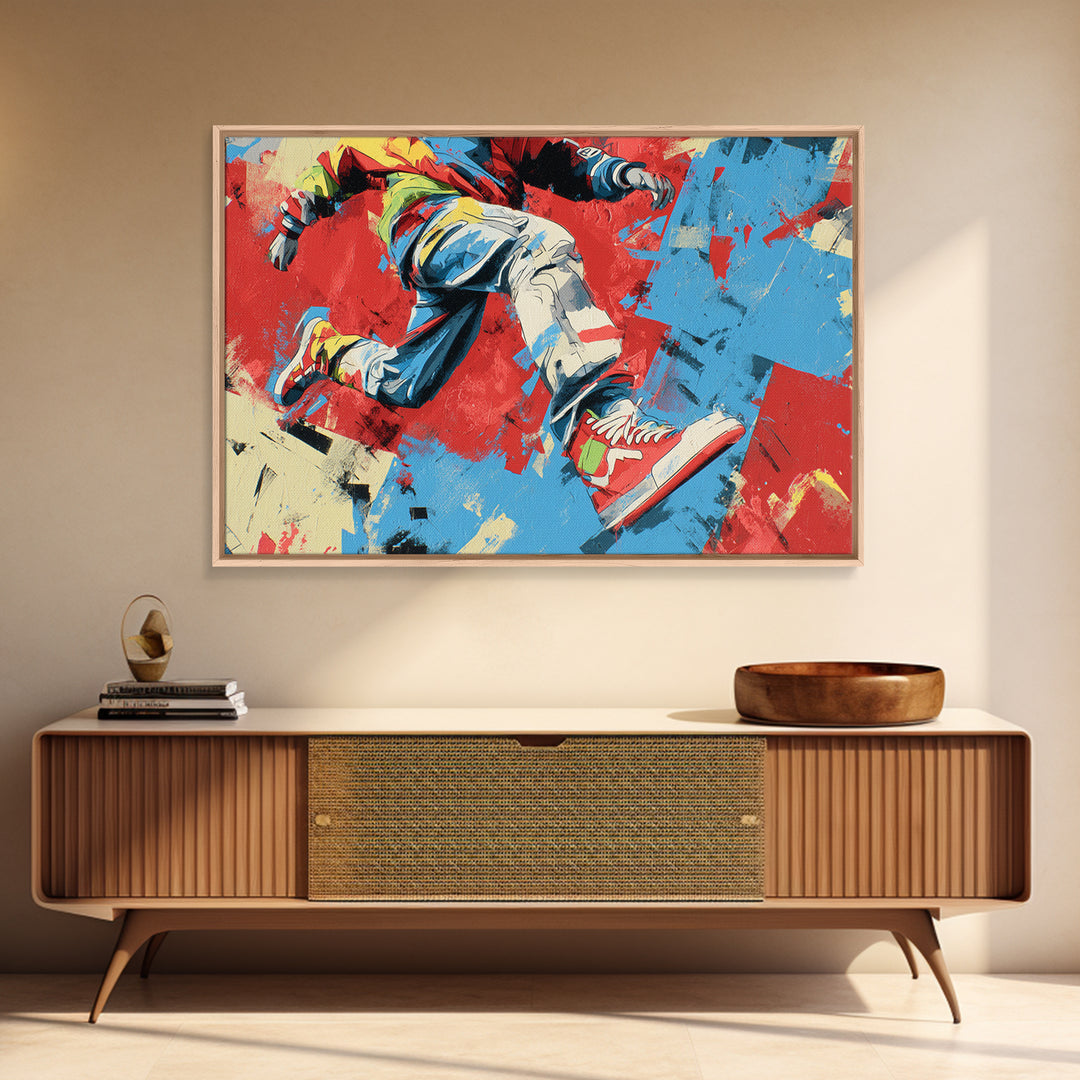 Breakdancer Frozen in Energetic Motion Framed Canvas Print, Street Art, Colorful Wall Art, Living Room Decor, Fine Art, Urban, STR-3x2-46