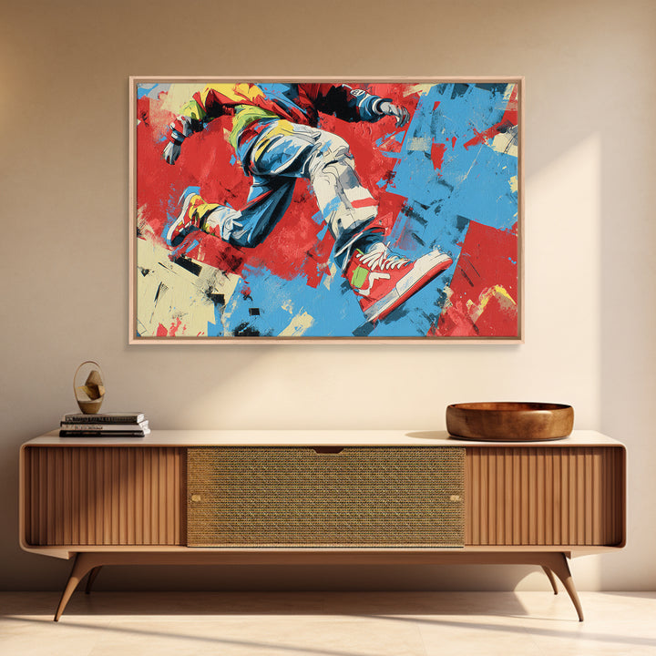 Breakdancer Frozen in Energetic Motion Framed Canvas Print, Street Art, Colorful Wall Art, Living Room Decor, Fine Art, Urban, STR-3x2-46