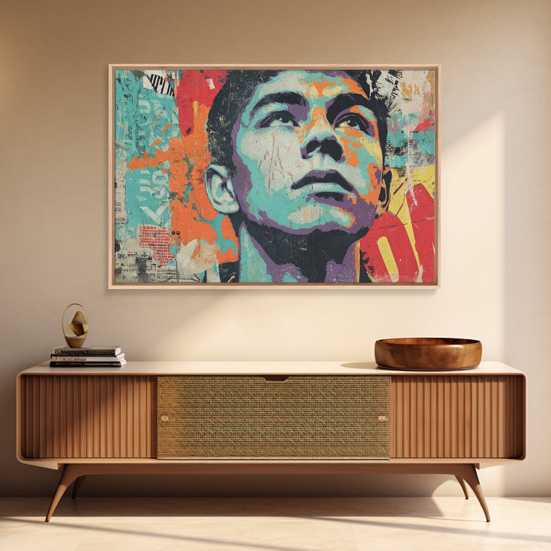 Bold Stencil Portrait Framed Canvas Print, Street Art, Original Artwork, Living Room Decor, Fine Art, Urban, Textured Painting, STR-3x2-5