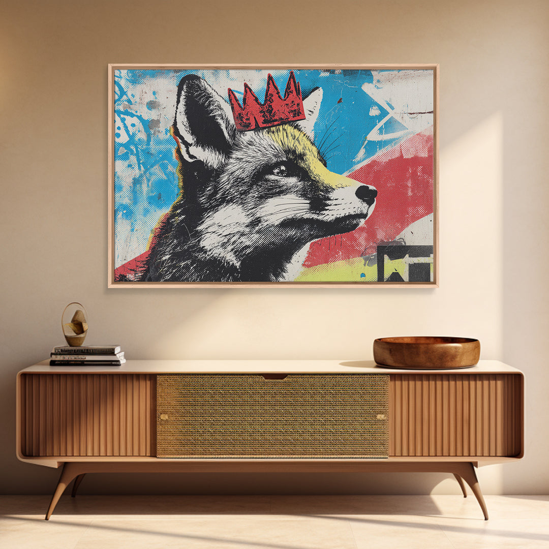 Urban Fox Wearing a Crown of Spray Framed Canvas Print, Street Art, Modern Wall Art, Living Room Decor, Fine Art, Urban, STR-3x2-6