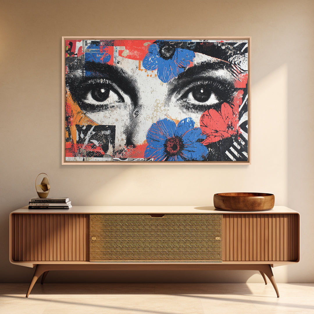 Paste Up Collage of Flowers and Eyes Canvas Print, Street Art, Abstract Painting, Living Room Decor, Watercolor Art, Urban, STR-3x2-62