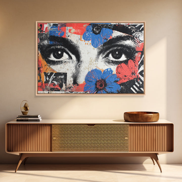Paste Up Collage of Flowers and Eyes Canvas Print, Street Art, Abstract Painting, Living Room Decor, Watercolor Art, Urban, STR-3x2-62