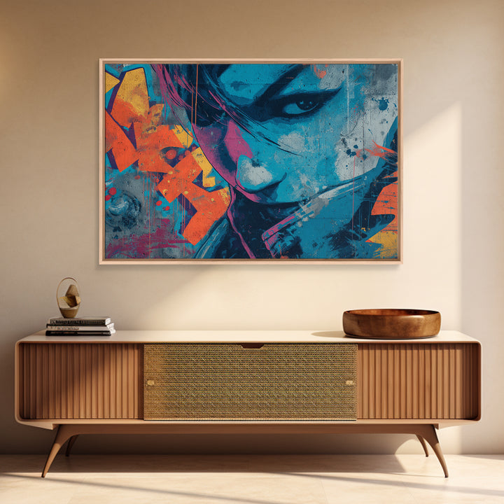 Masked Figure Surrounded by Aerosol Clouds Framed Canvas Print, Street Art, Textured Painting, Living Room Decor, Urban, STR-3x2-64