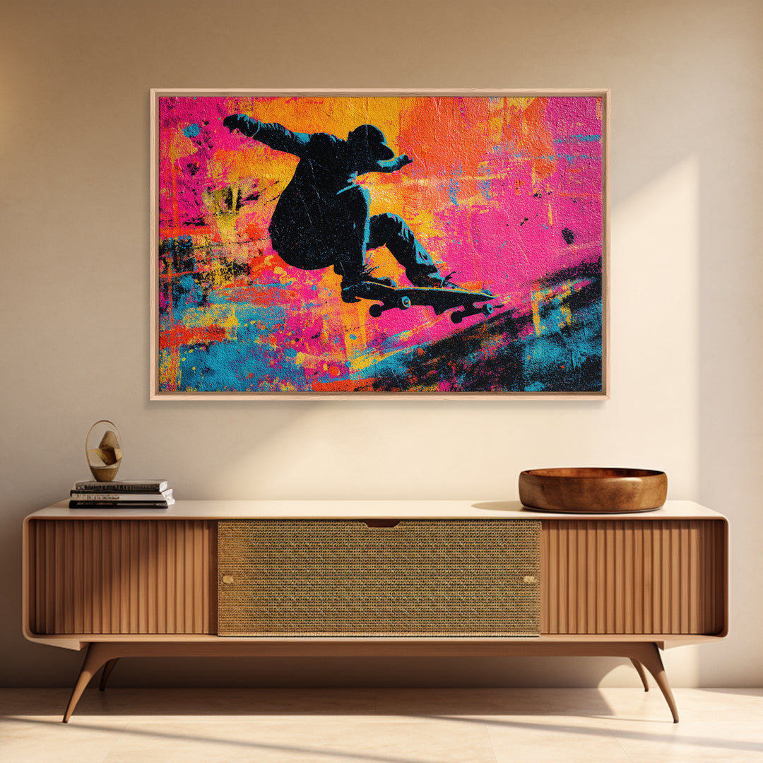 Skateboarder Silhouette over Neon Splashes Framed Canvas Print, Street Art, Original Art, Living Room Decor, Abstract Art, STR-3x2-7