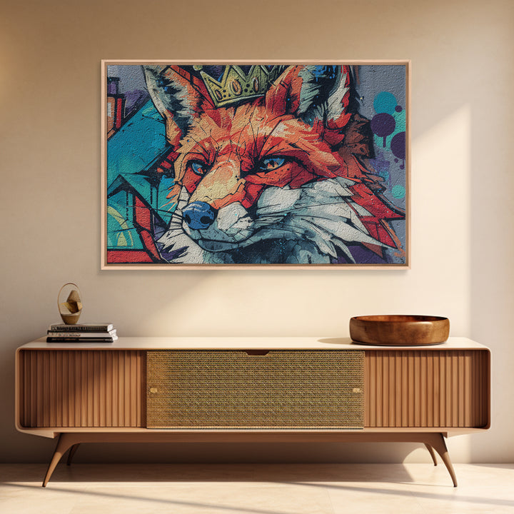 Urban Fox Wearing a Crown of Spray Framed Canvas Print, Street Art, Contemporary Art, Living Room Decor, Fine Art, Urban, STR-3x2-78