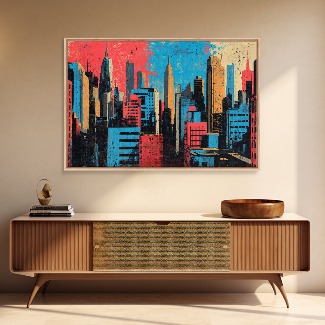 Urban Skyline Made from Stencil Layers Framed Canvas Print, Street Art, Abstract, Living Room Decor, Abstract Art, Urban, STR-3x2-90