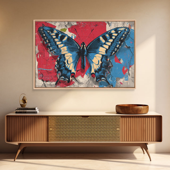 Spray Painted Butterfly on Cracked Concrete Framed Canvas Print, Street Art, Artwork, Living Room Decor, Fine Art, Urban, STR-3x2-99