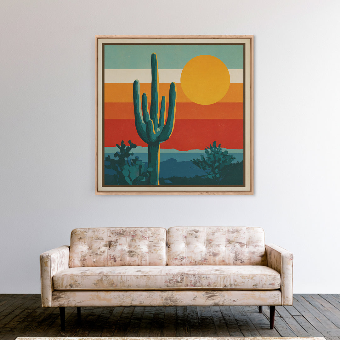 Mexico Cactus and Sun Travel Poster Framed Canvas Print, Travel Poster(2), City Wall Art, Living Room Decor, Fine Art, Voyage, TPO-1x1-21