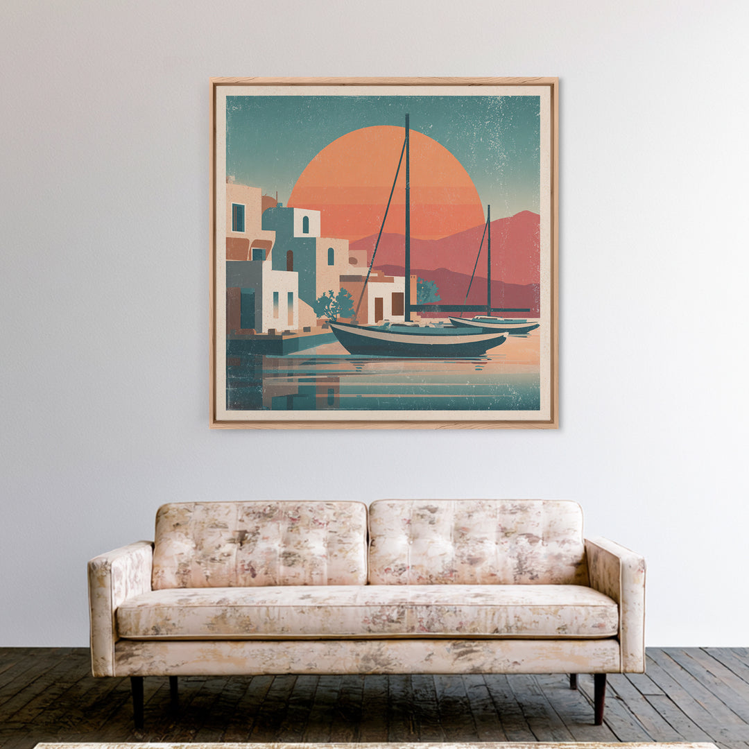 Greek Island Sailboat and Sun Poster Framed Canvas Print, Travel Poster(2), Luxury Decor, Living Room Decor, Fine Art, Voyage, TPO-1x1-40