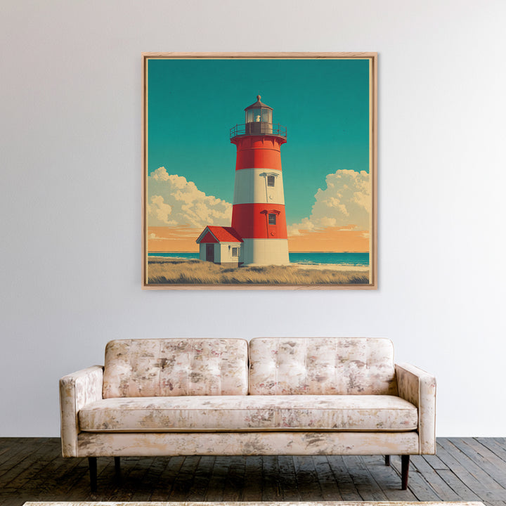 Cape Cod Lighthouse Summer Poster Framed Canvas Print, Travel Poster(2), Mid Century Wall Art, Living Room Decor, Voyage, TPO-1x1-42