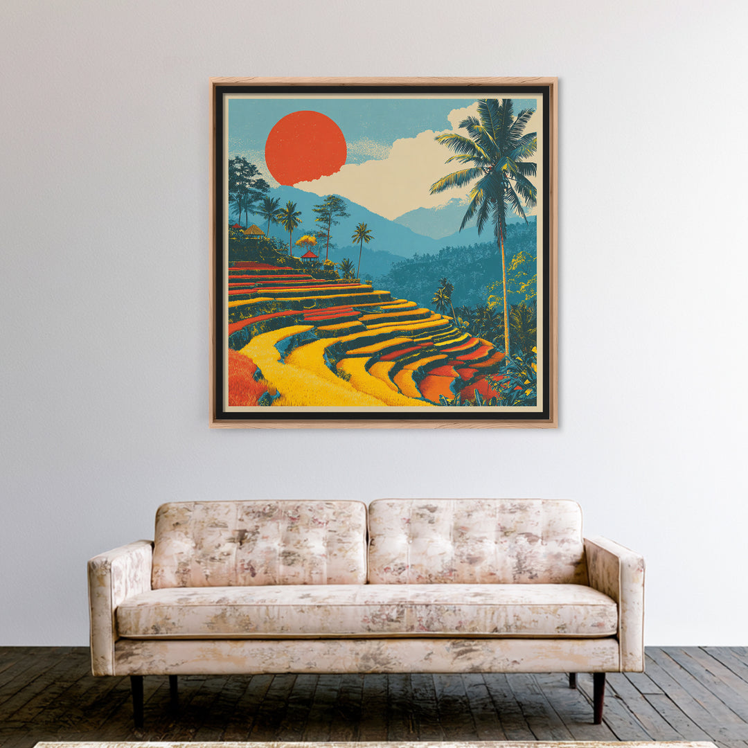 Bali Rice Terraces and Jungle Palms Framed Canvas Print, Travel Poster(2), Retro Poster, Living Room Decor, Fine Art, Voyage, TPO-1x1-61