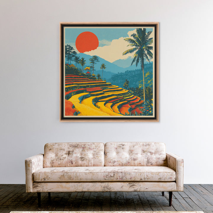 Bali Rice Terraces and Jungle Palms Framed Canvas Print, Travel Poster(2), Retro Poster, Living Room Decor, Fine Art, Voyage, TPO-1x1-61