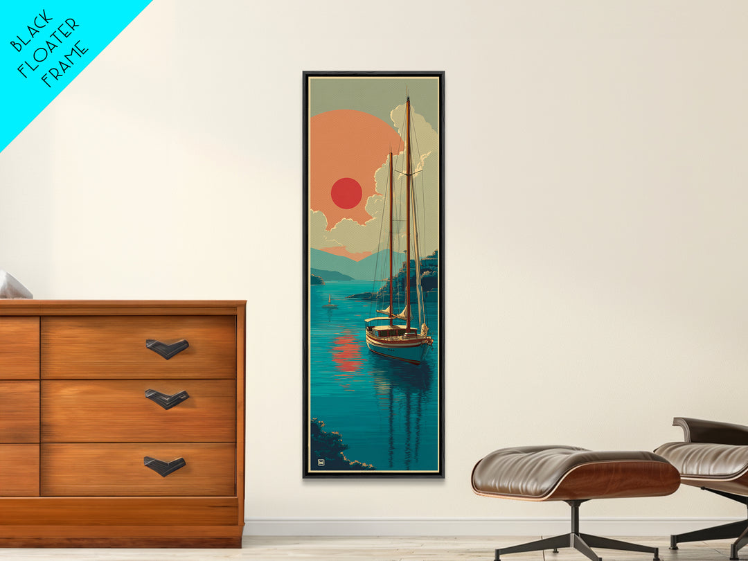 Greek Island Sailboat and Sun Poster Framed Canvas Print, Travel Poster(2), Modern Decor, Living Room Decor, Fine Art, Voyage, TPO-1x3-4