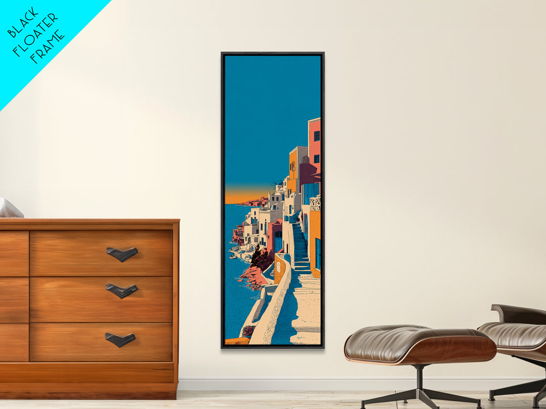 Santorini White Buildings and Cobalt Water Framed Canvas Print, Travel Poster(2), Digital Print, Living Room Decor, Voyage, TPO-1x3-64
