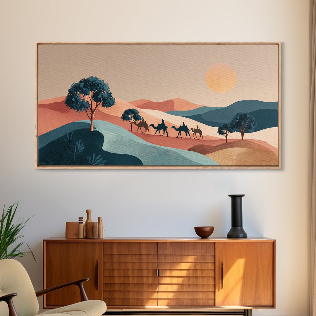 Moroccan Desert Caravan Travel Poster Framed Canvas Print, Travel Poster(2), Printable Art, Living Room Decor, Oil Painting, TPO-2x1-3