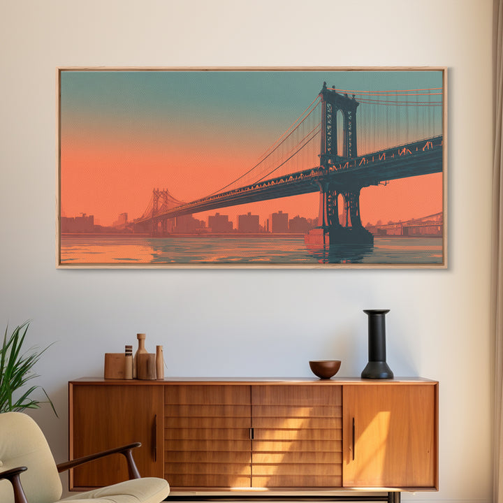 New York Bridge at Sunrise Framed Canvas Print, Travel Poster(2), Minimalist Decor, Living Room Decor, Fine Art, Voyage, TPO-2x1-50