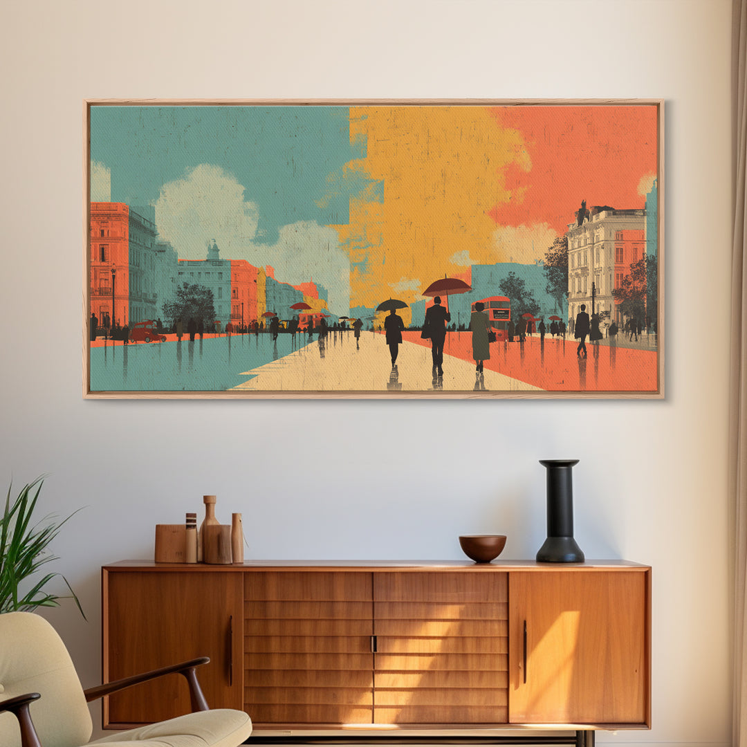 London Rainy Street Umbrella Graphic Canvas Print, Travel Poster(2), Contemporary Art, Living Room Decor, Fine Art, Voyage, TPO-2x1-54
