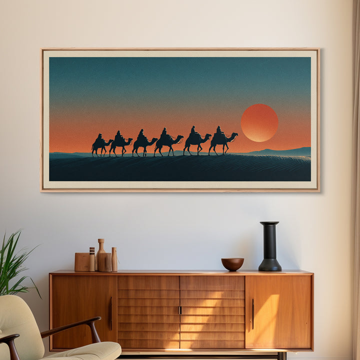Moroccan Desert Caravan Travel Poster Framed Canvas Print, Travel Poster(2), Statement Artwork, Living Room Decor, Voyage, TPO-2x1-75
