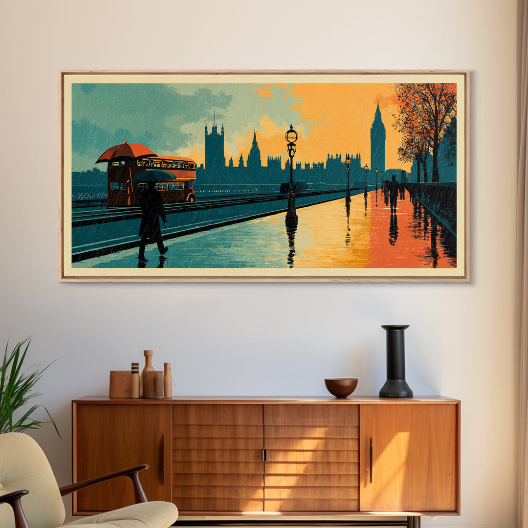 London Rainy Street Umbrella Graphic Canvas Print, Travel Poster(2), Contemporary Art, Living Room Decor, Fine Art, Voyage, TPO-2x1-78
