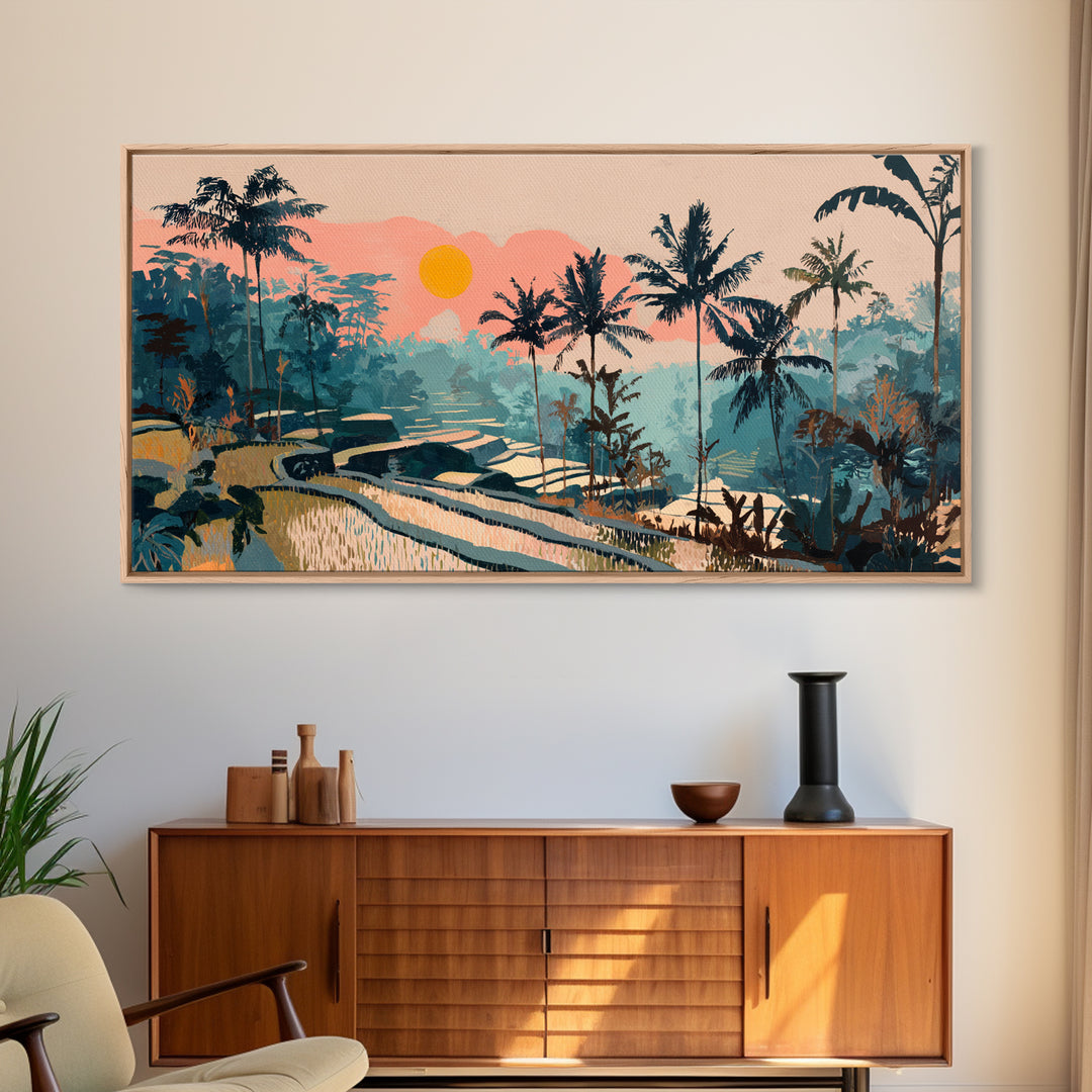 Bali Rice Terraces and Jungle Palms Framed Canvas Print, Travel Poster(2), Wall Hanging, Living Room Decor, Fine Art, Voyage, TPO-2x1-81