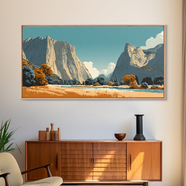 Yosemite Valley Graphic Framed Canvas Print, Travel Poster(2), Digital Poster, Living Room Decor, Oil Painting, Voyage, TPO-2x1-95
