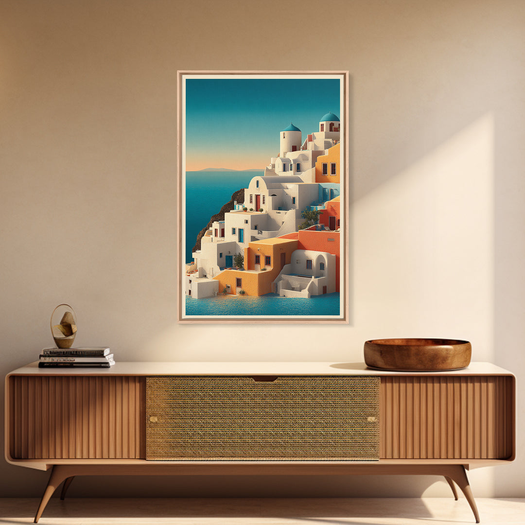 Santorini White Buildings and Cobalt Water Framed Canvas Print, Travel Poster(2), Landscape Art, Living Room Decor, Voyage, TPO-2x3-36